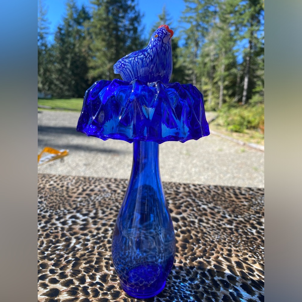 Vintage Blue Glass Mushroom Art w/ Chicken Topper (handmade)